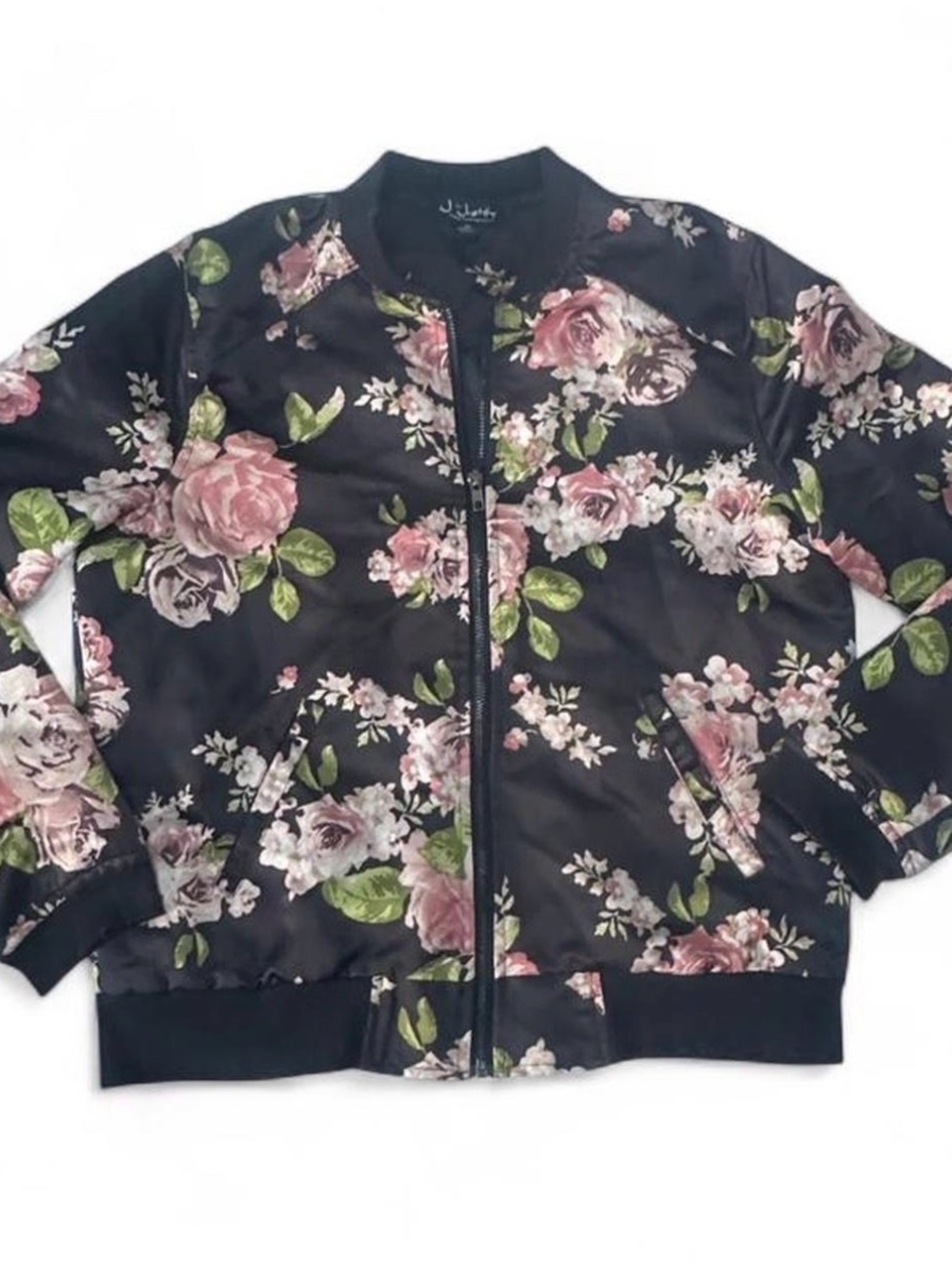 Justify Black Bomber Jacket with Pink Rose Print